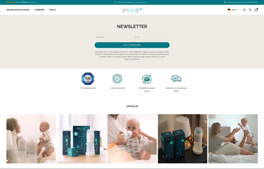 Newsletter sign-up page with list of benefits and images of babies with bottles.