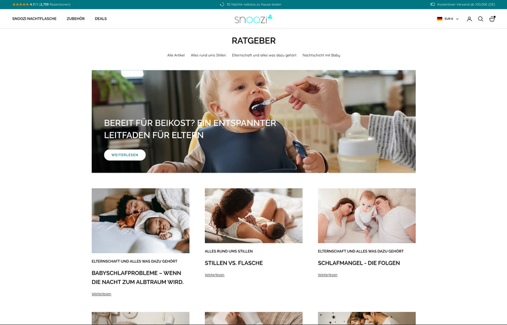 Collage von Bildern und Texten über Babyernährung, mit Baby beim Essen.