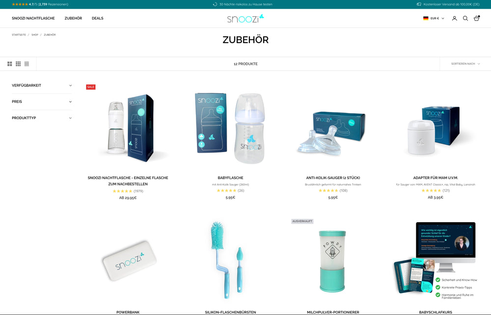 Produktseite mit Nachtflasche, Bewertungen und Produktdetails, Kosten 74,95€.