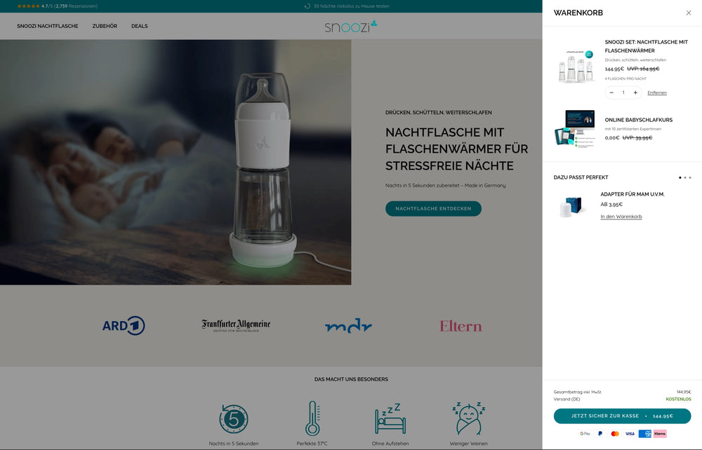Produkte Seite mit Nachtflasche, Bewertungen und Warenkorb. Preisbereich sichtbar.