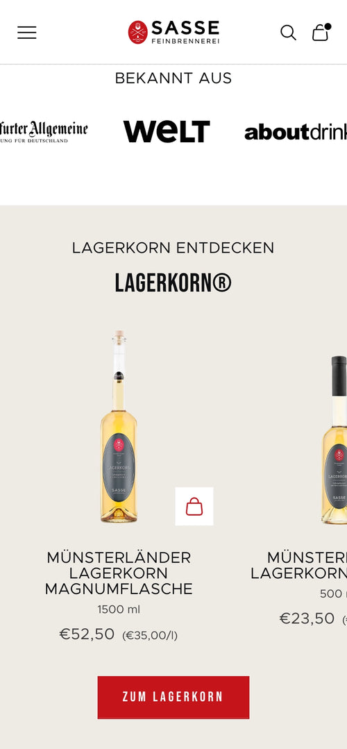 Lagerkorn entdecken, zwei Flaschen Münsterländer Lagerkorn abgebildet, bekannt aus Medien.