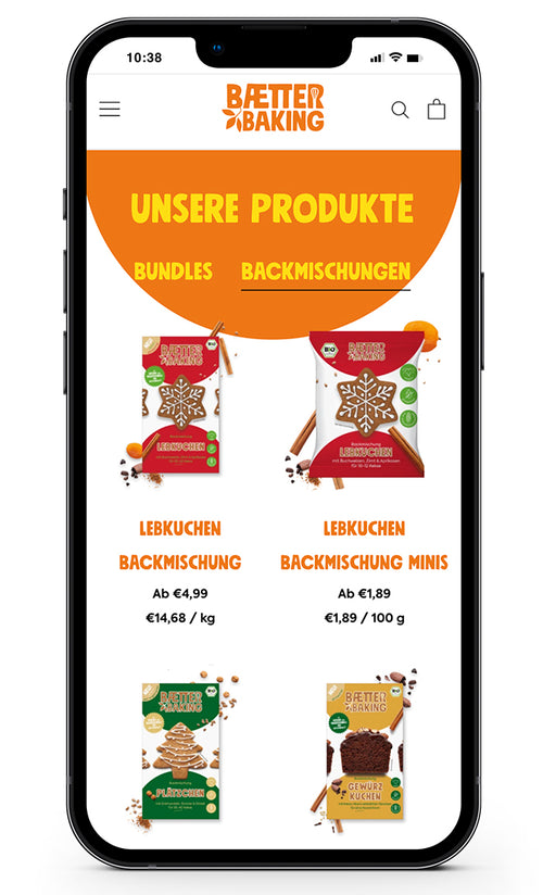 Übersicht von Backmischungspaketen mit Preisen ab €1,89 bis €6,29.