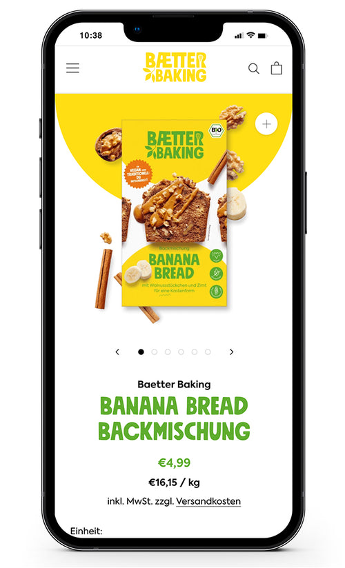 Bananenbrot Backmischung Verpackung mit Preis €4,99 und Gewicht €16,15/kg.