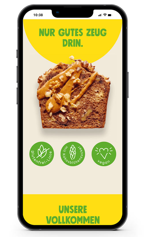 Stück Bananenbrot mit Nüssen, Text: Nur gutes Zeug drin. Glutenfrei, vegan, mit Kokosblütenzucker.