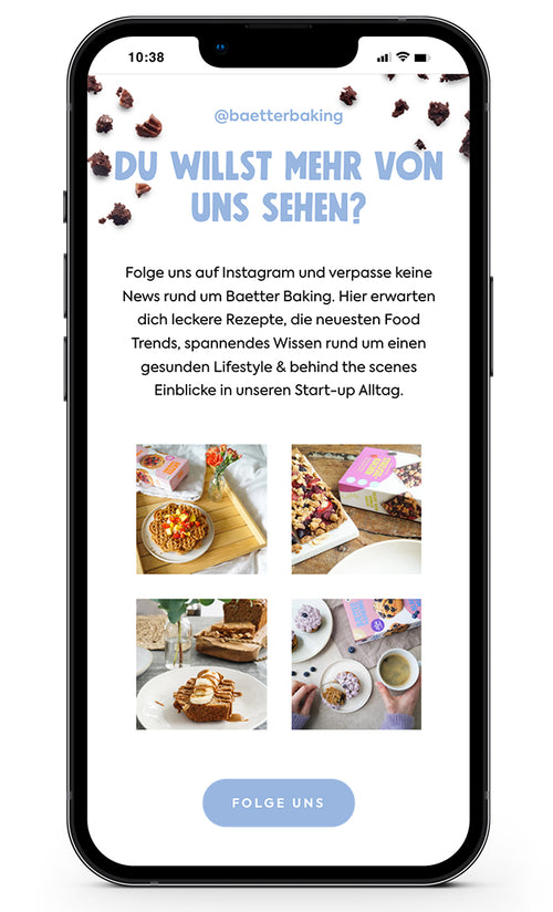 Instagram-Aufruf, Fotos von Gebäck und Snacks, Text zu Lifestyle und Rezepten.