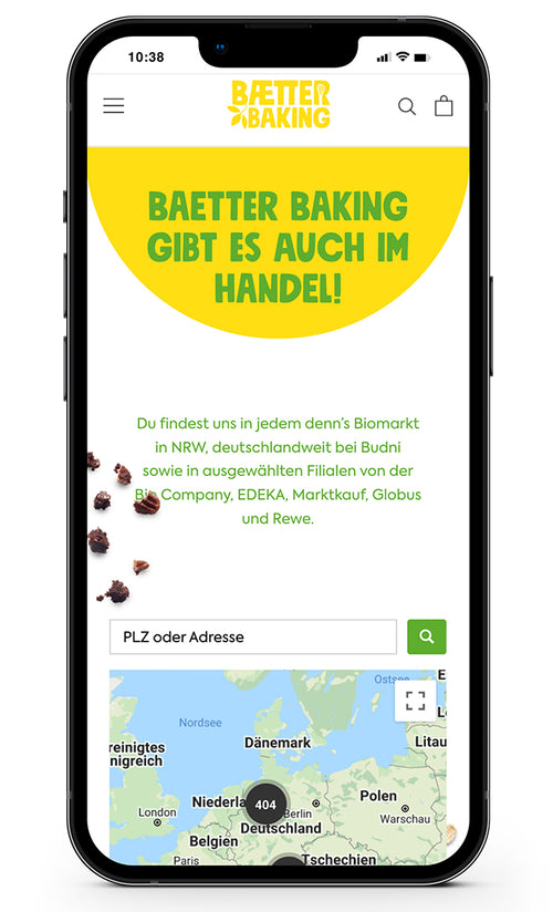 Text: Baetter Baking gibt es auch im Handel. Karte mit Filialen in Deutschland.