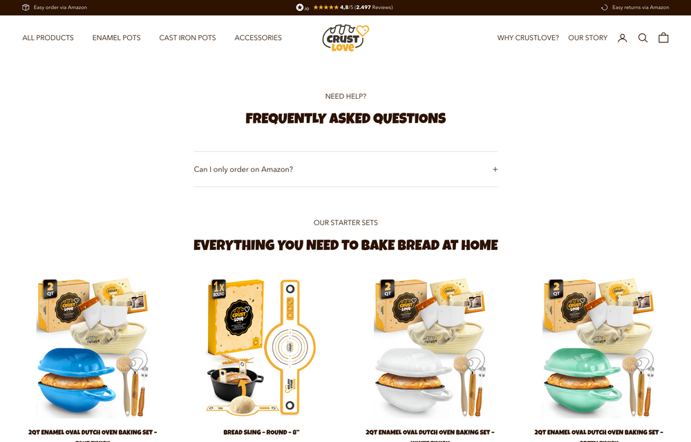 Produkte für Brotbacken: Töpfe, Brotschlinge, Stäbe. Text über häufig gestellte Fragen.