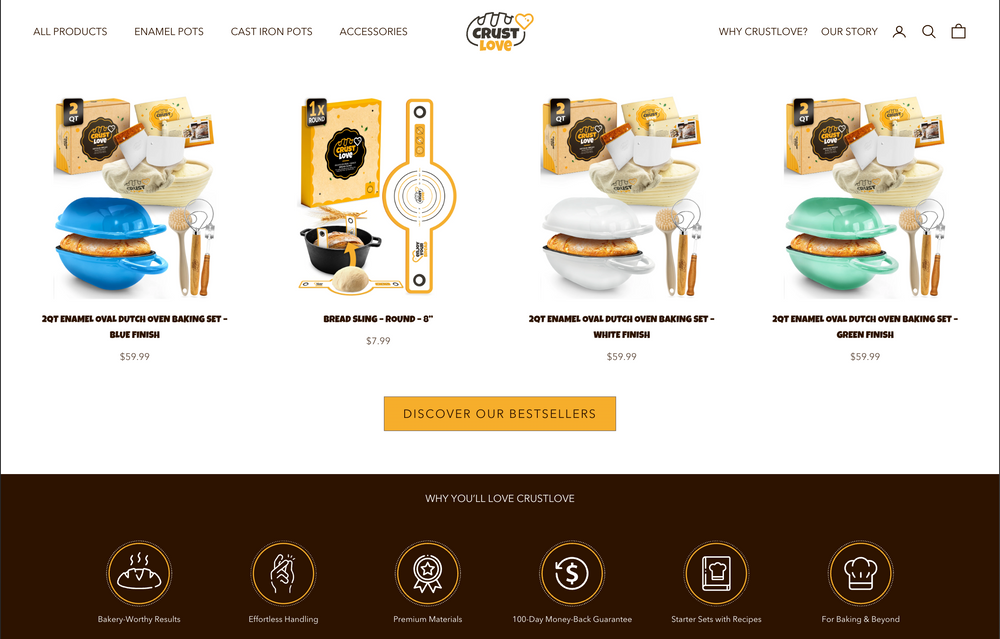 Verschiedene Ofen-Set-Produkte für Brotbacken mit Preisen und Bestellen-Button.