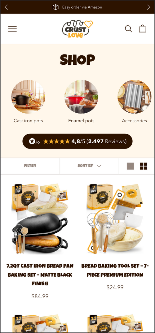 Shop-Seite zeigt gusseiserne und emaillierte Töpfe mit Bewertungen und Sternen.