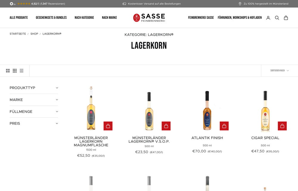 Webseite mit Übersicht von Lagerkorn-Produkten und Preisen.