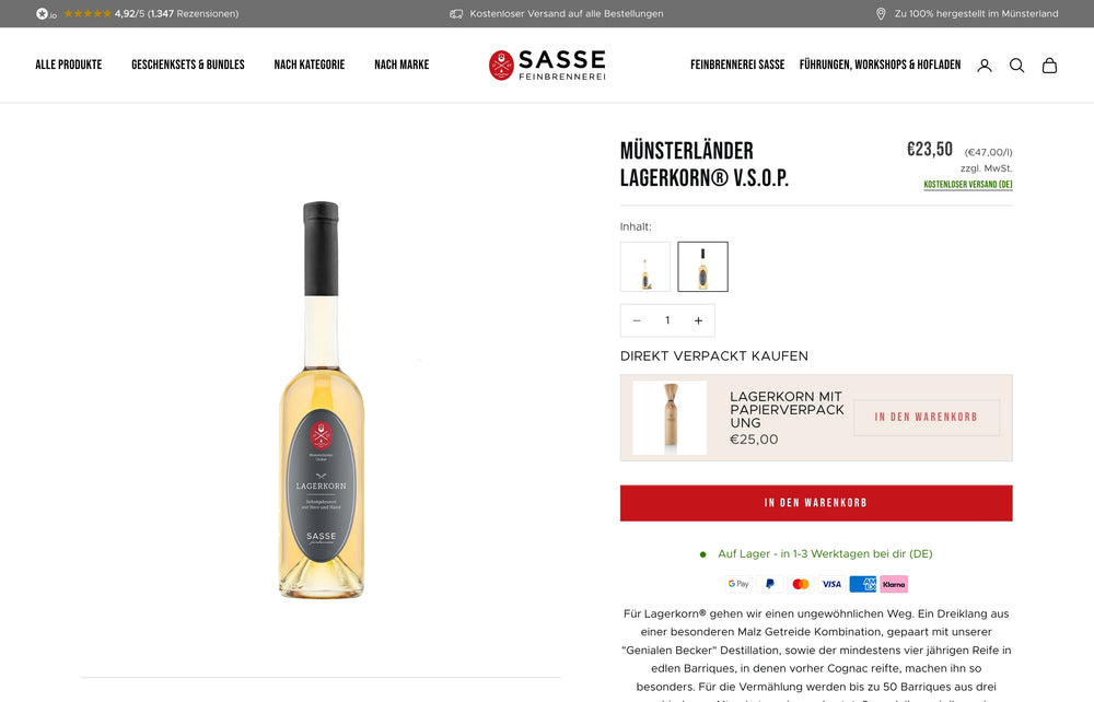 Detailseite für Münsterländer Lagerkorn V.S.O.P. bei Sasse.