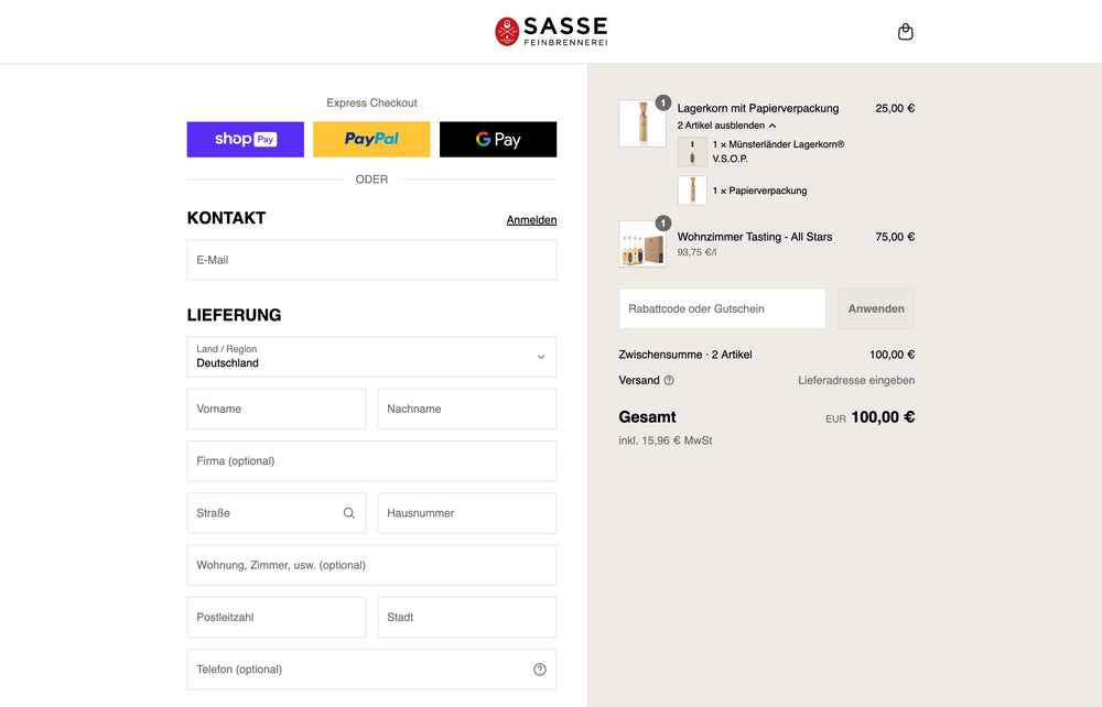 Checkout-Seite mit Kontakt- und Lieferinformationen für Sasse-Produkte.