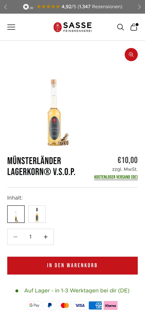 Flasche Münsterländer Lagerkorn V.S.O.P. 500 ml, Preis €10,00, in den Warenkorb.