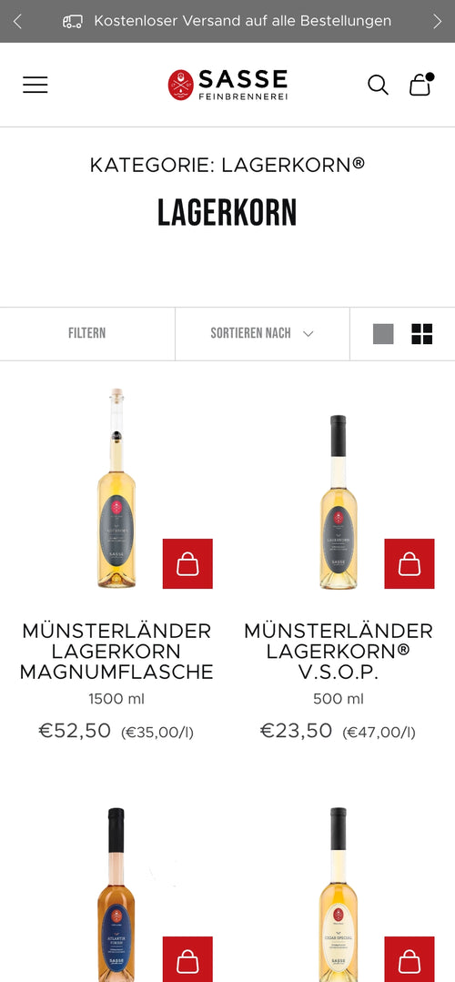 Zwei Flaschen Münsterländer Lagerkorn, Magnumflasche 1500 ml, €52,50, und 500 ml €23,50.