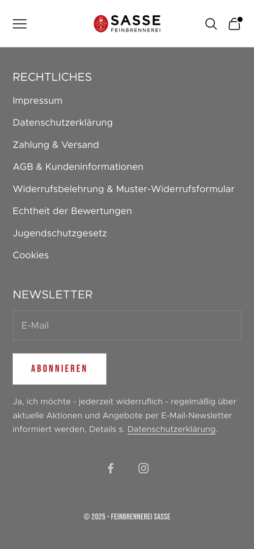 Rechtliches Menü, Newsletter-Anmeldung auf grauem Hintergrund.
