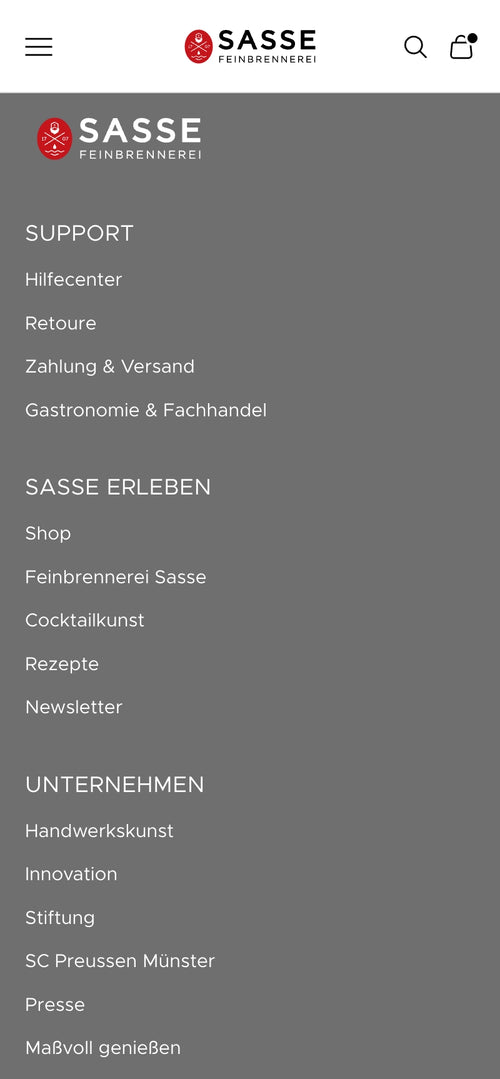 Menü mit Support und Unternehmensinformationen auf grauem Hintergrund.