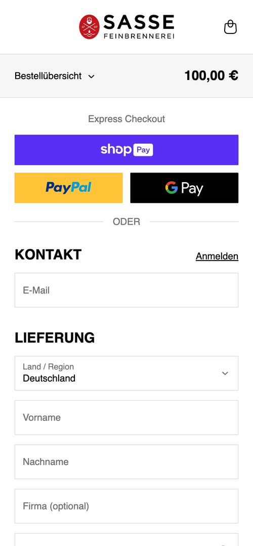 Bestellübersicht mit Zahlungsoptionen, Kontakt- und Lieferformular.