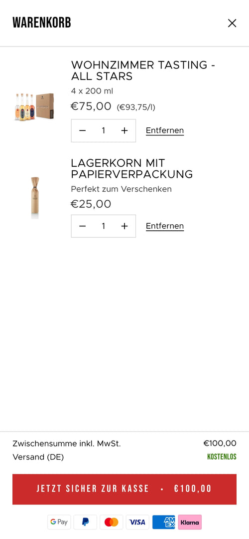 Warenkorb zeigt Wohnzimmer Tasting 4x200 ml für €75, Lagerkorn mit Verpackung für €25.