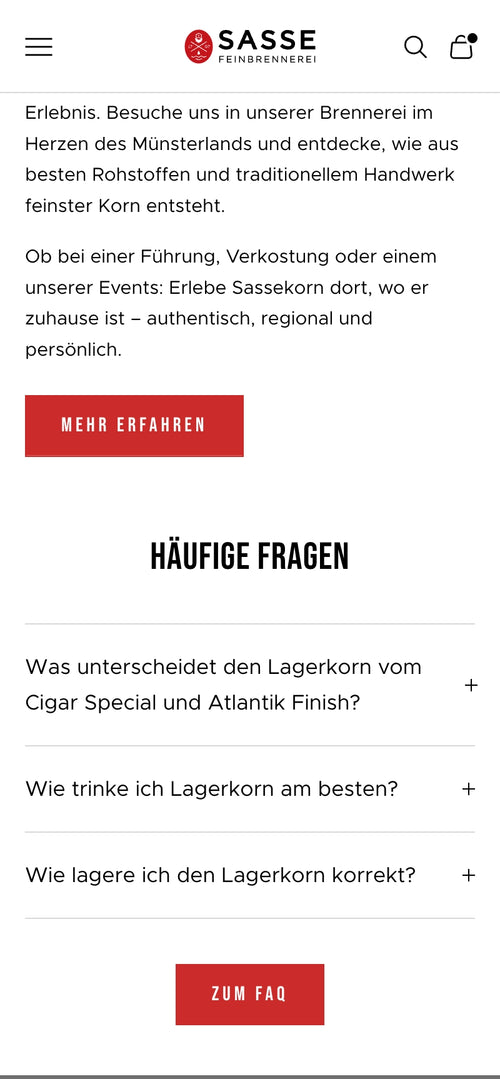 Fragen zu Lagerkorn, wie Lagerung und Trinkweise, mehr erfahren Button unten.