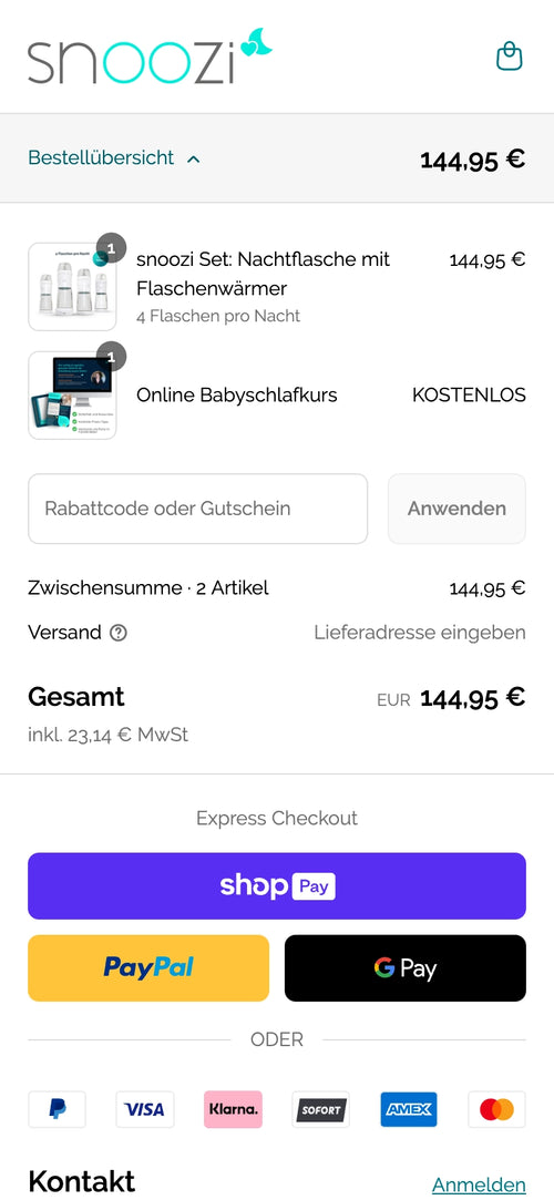 Bestellübersicht für Snoozi Set und Online Babykurs, Preis 144,95 €.