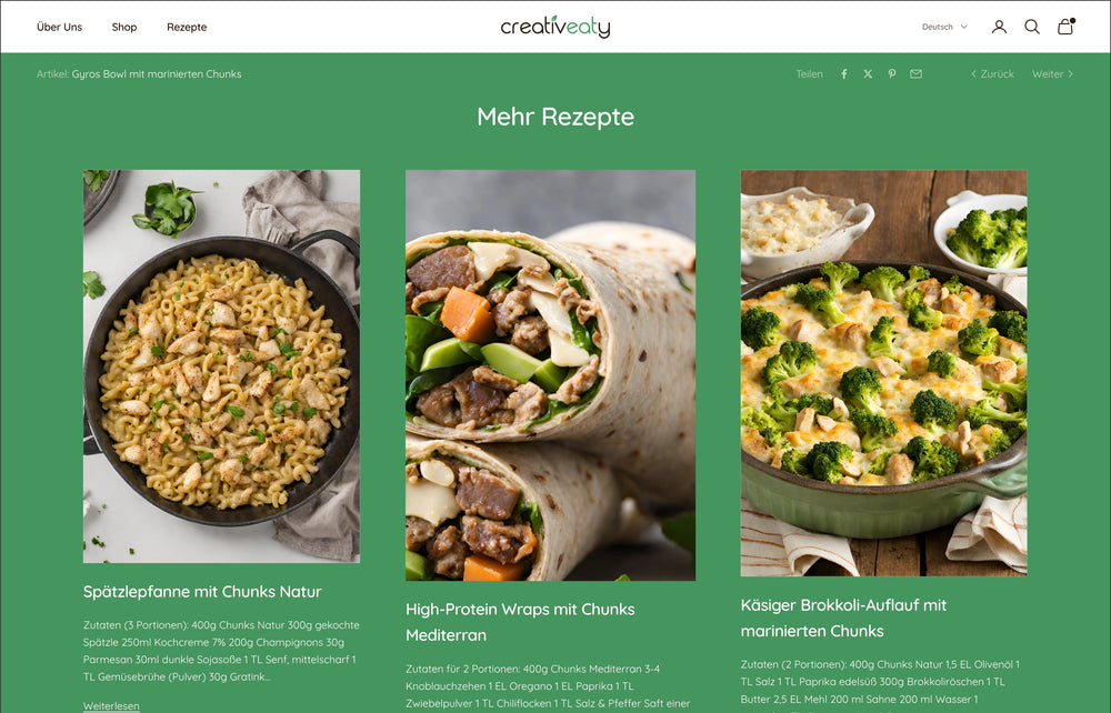 Drei Gerichte: Spätzlepfanne, Wraps, Käse-Brokkoli-Auflauf mit Zutatenlisten und Titel 'Mehr Rezepte'.