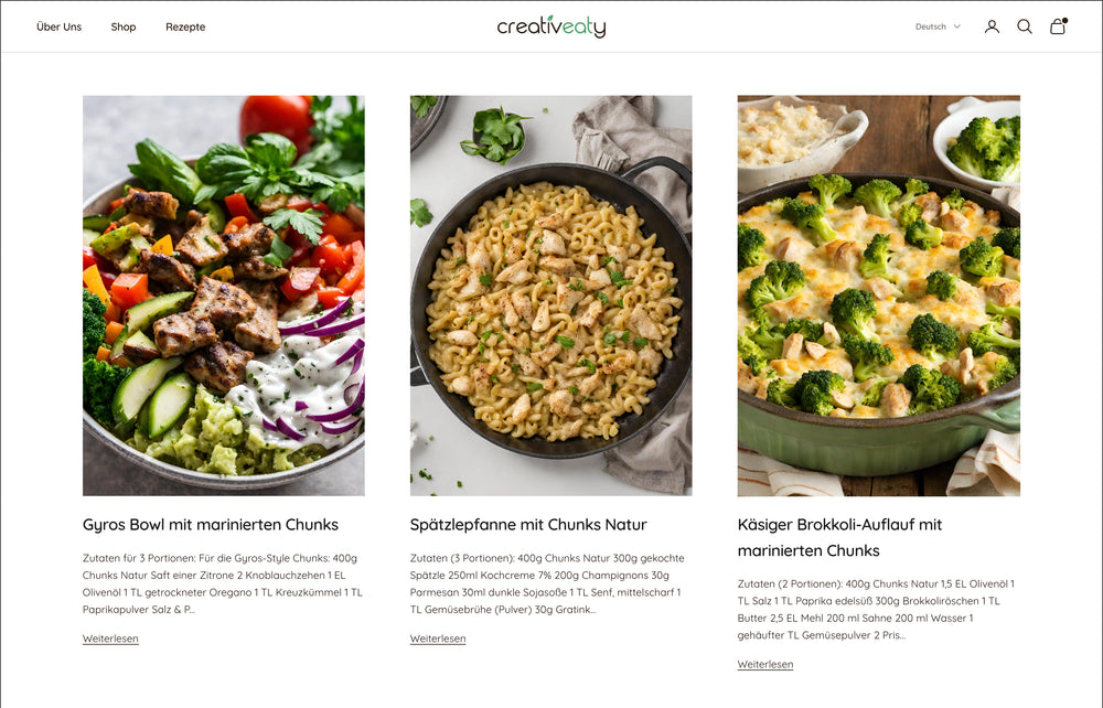 Drei Gerichte nebeneinander: Gyros Bowl, Spätzlepfanne, Käse-Brokkoli-Auflauf mit Zutatenliste.