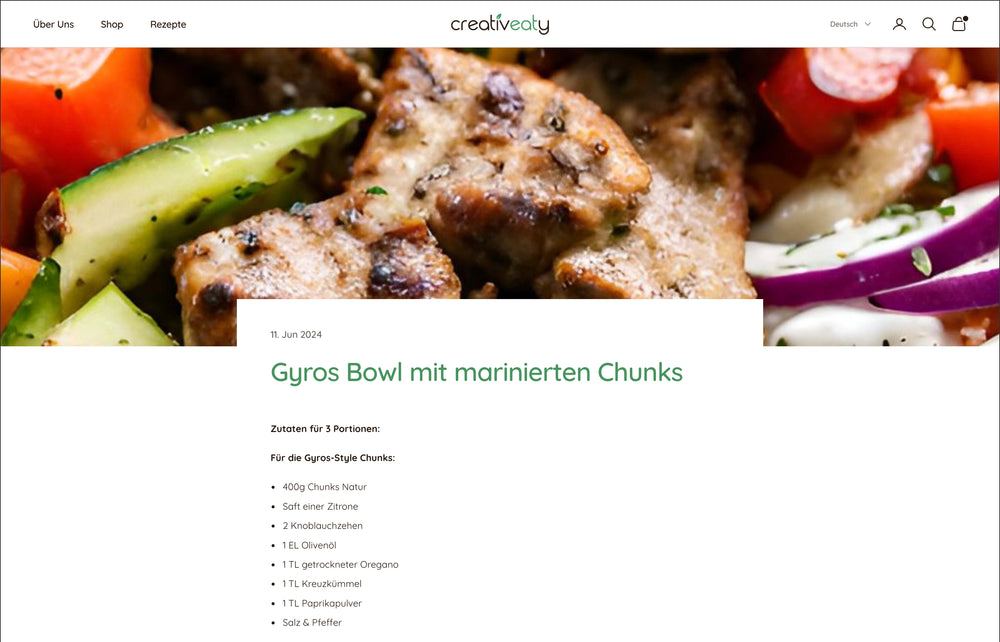 Gyros Bowl mit marinierten Chunks; Rezeptzutaten darunter aufgelistet.
