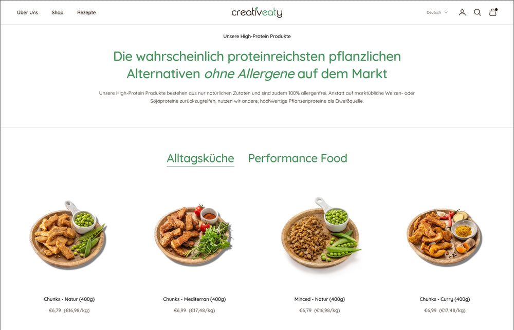 Vier Schalen mit pflanzlichen Produkten: Chunks Natur, Mediterran, Hack, Curry.