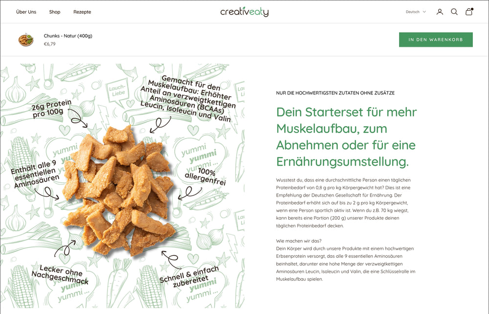 Proteinreiche Chunks auf grünem Hintergrund mit Text über Ernährungsvorteile.