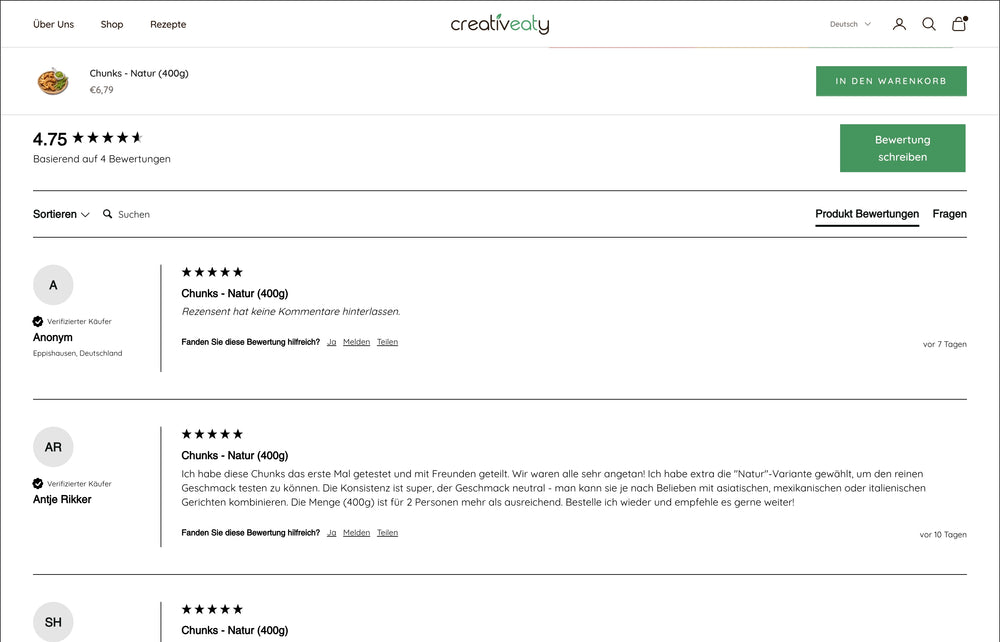 Produktbewertungen für Chunks Natur 600g, Bewertung 4,75 von 5.