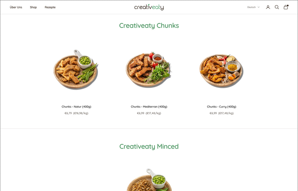 Drei Schalen mit verschiedenen Varianten von Chunks: Natur, Mediterran und Curry.