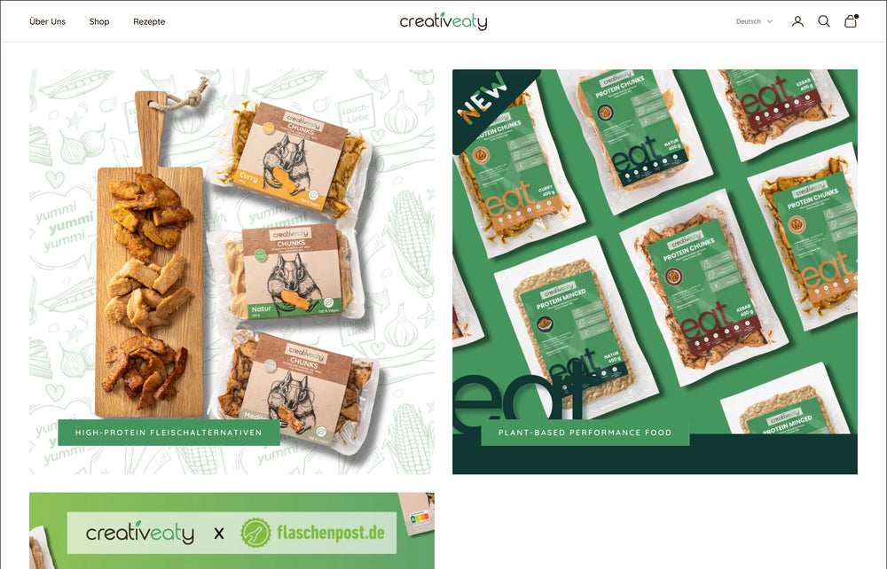 Links vier Verpackungen von Fleischalternativen auf Holzbrett, rechts sechs Produkte mit grünem Hintergrund.