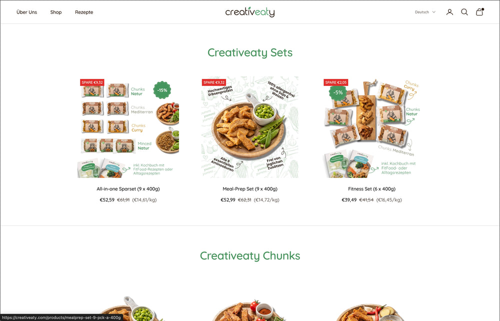 Drei Verpackungen von Creatveaty Sets mit unterschiedlichen Proteinprodukten und Preisen.