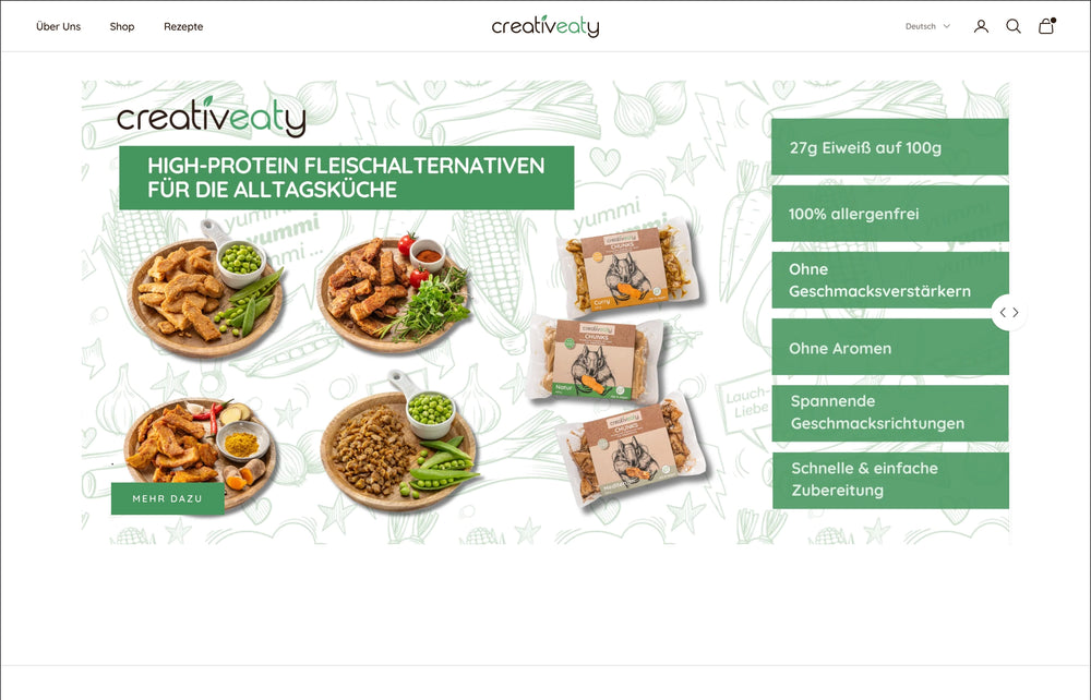 Drei Gerichte mit High-Protein-Produkten und Text über Zutaten und Zubereitung.