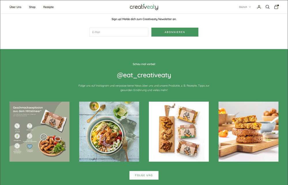 Anmeldung zum Creatveaty Newsletter und Bilder von Produkten und Gerichten.