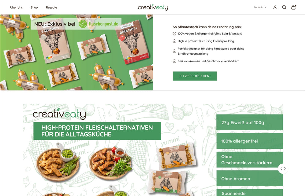 Verpackungen von Creatveaty-Produkten auf grünem Hintergrund mit Text über Protein-Inhalt.