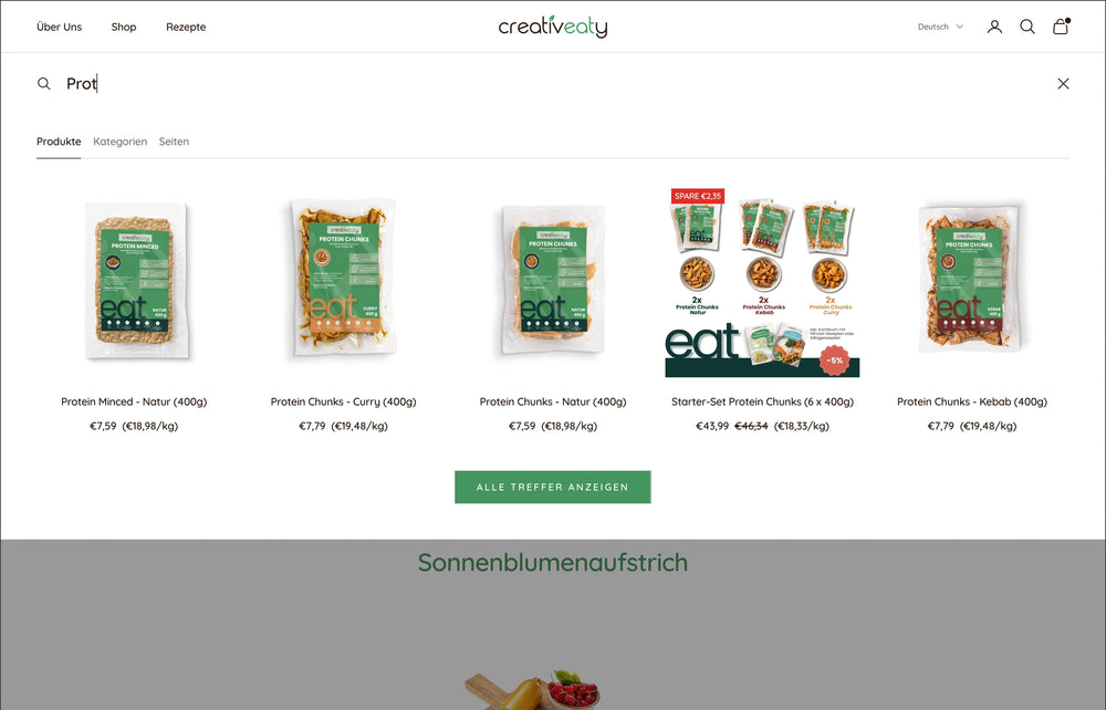 Suche nach 'Pro' zeigt Packungen mit Protein-Meat, Protein-Chunks und Starter-Set.