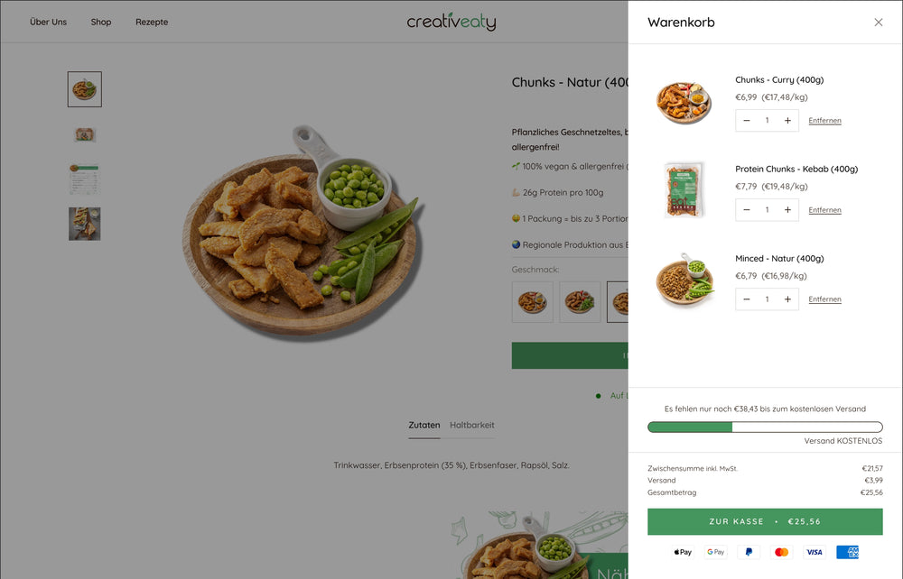 Warenkorb zeigt Chunks und weitere Produkte mit Preisen und Einkaufssumme.