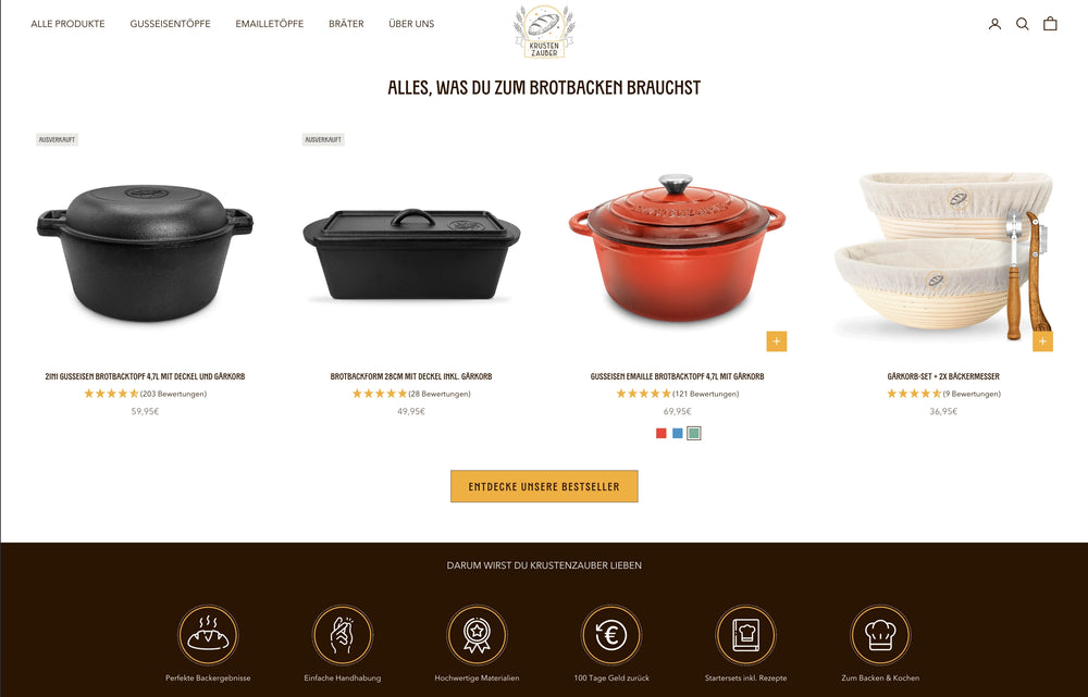 Drei Kochgefäße und zwei Gärkörbe mit Bewertungen vor weißem Hintergrund.