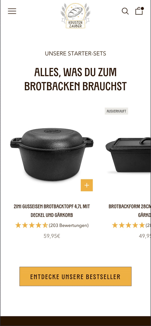 Zwei Brotbackformen aus Gusseisen mit Bewertungen und Preisen, Bestseller Button unten.