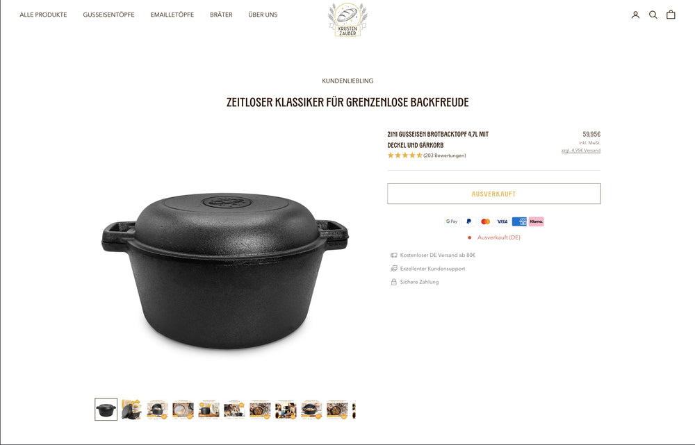 Schwarzer Bratentopf mit Deckel vor weißem Hintergrund, Preis und Bewertungen daneben.