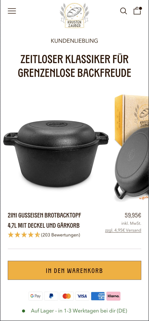Gusseisen Brotbacktopf 4,7L mit Bewertungen, Preis 59,95€, in den Warenkorb Button, Versandinfo.