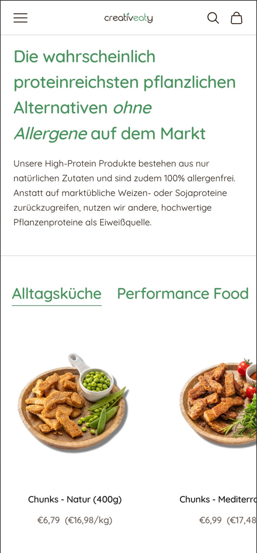 Zwei vegane Chunks-Gerichte. Text beschreibt proteinreiche pflanzliche Alternativen ohne Allergene.