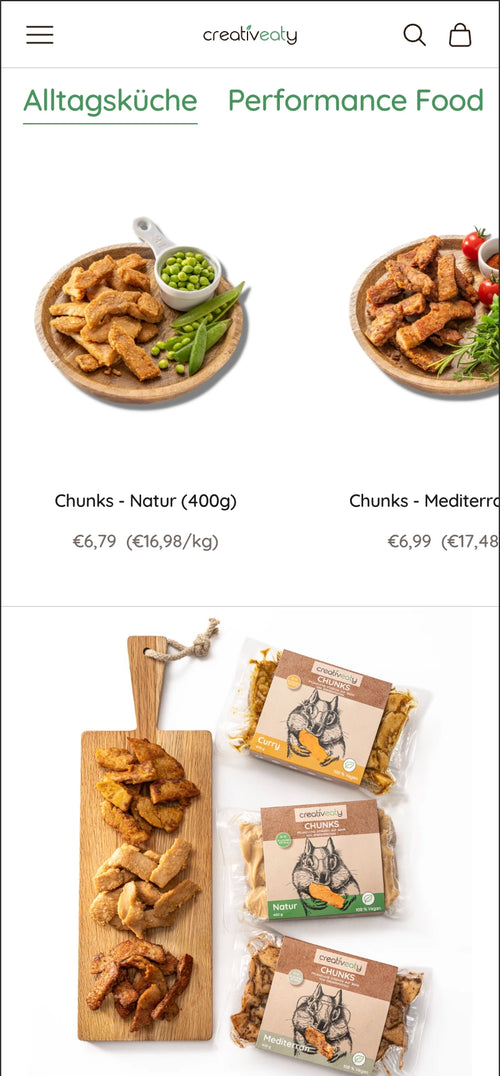 Alltagsküche und Performance Food Kategorien mit Chunks auf Tellern und Preisen darunter.