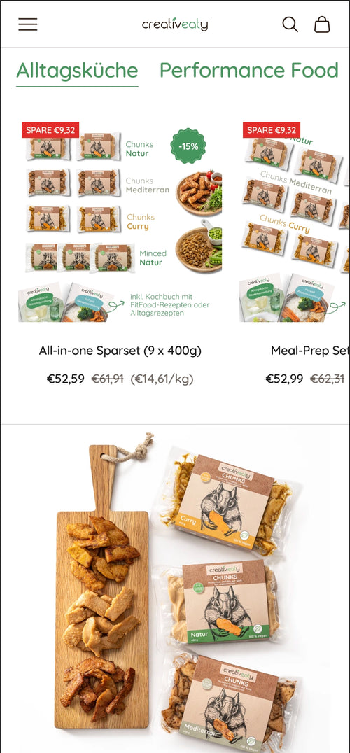 Sparsets von pflanzlichen Chunks mit Preisen und Rabatten in Kategorien Alltagsküche und Performance.