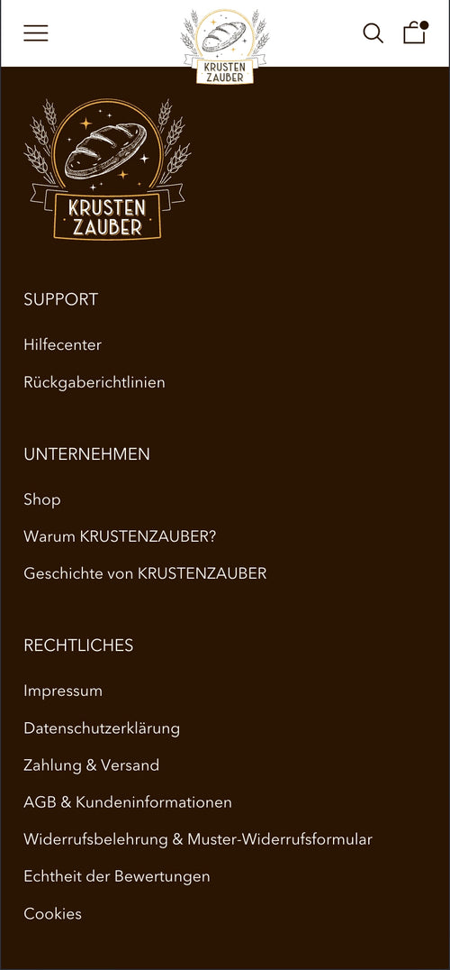 Menu mit Optionen für Support, Unternehmen und Rechtliches.