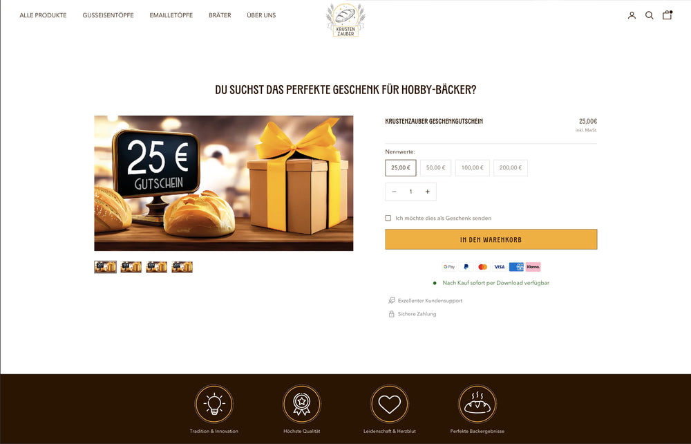 Webseite für Geschenkgutschein mit Bild von Geschenk und Preisoptionen ab 25 €.