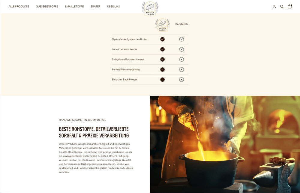 Person in blauer Schürze rührt kräftig in einem Topf, warmes orangefarbenes Licht.