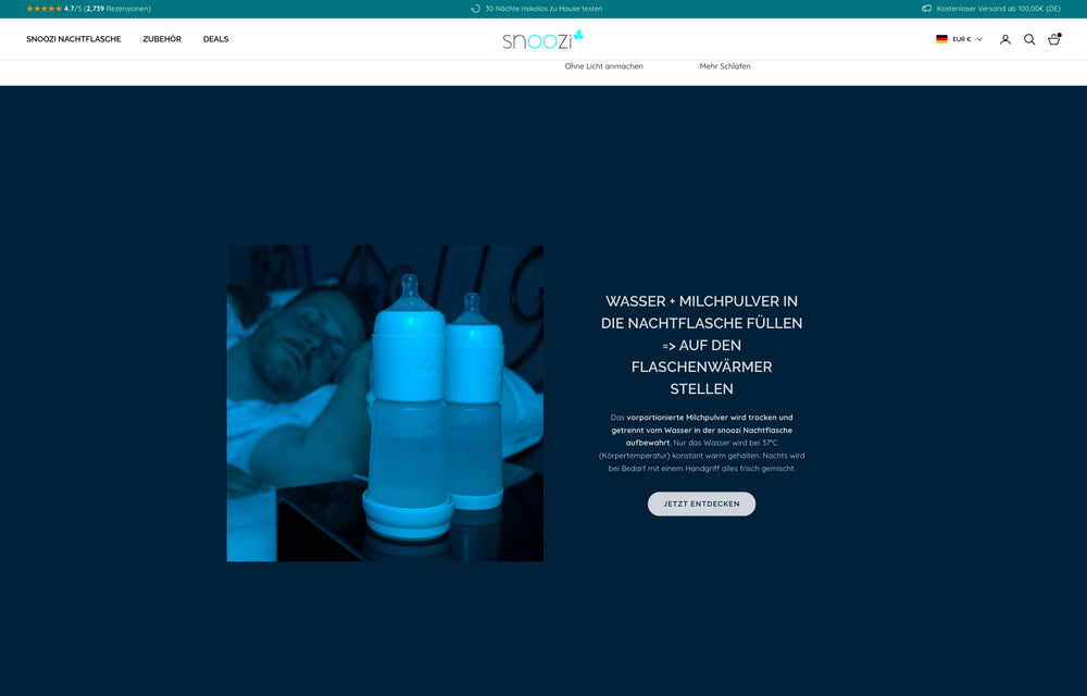 Flaschen auf blauem Hintergrund mit schlafendem Mann, Text erklärt Flaschenwärmer-Anwendung.