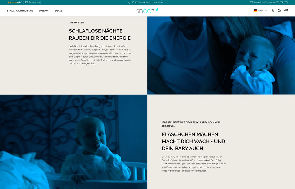 Mehrere Bilder und Texte über Schlaflosigkeit und Babypflege in Blau- und Grautönen.